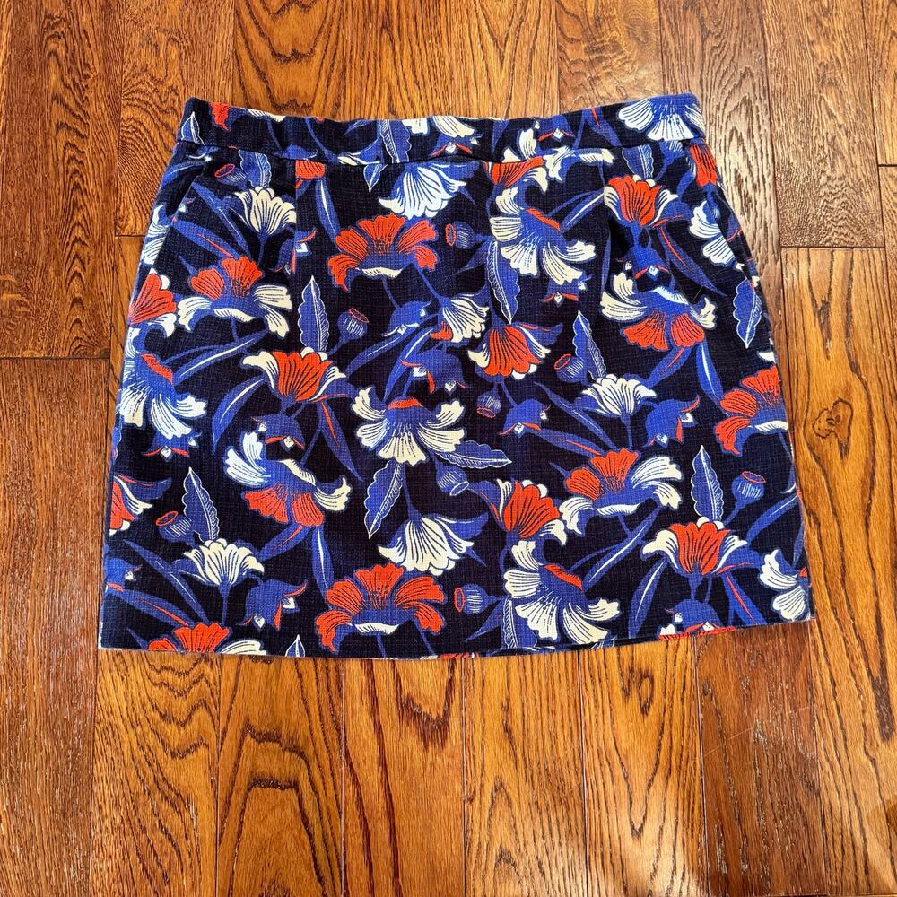 J Crew Women’s 12 Floral A-Line Skirt Blue Red Textured Cotton Lined Feminine